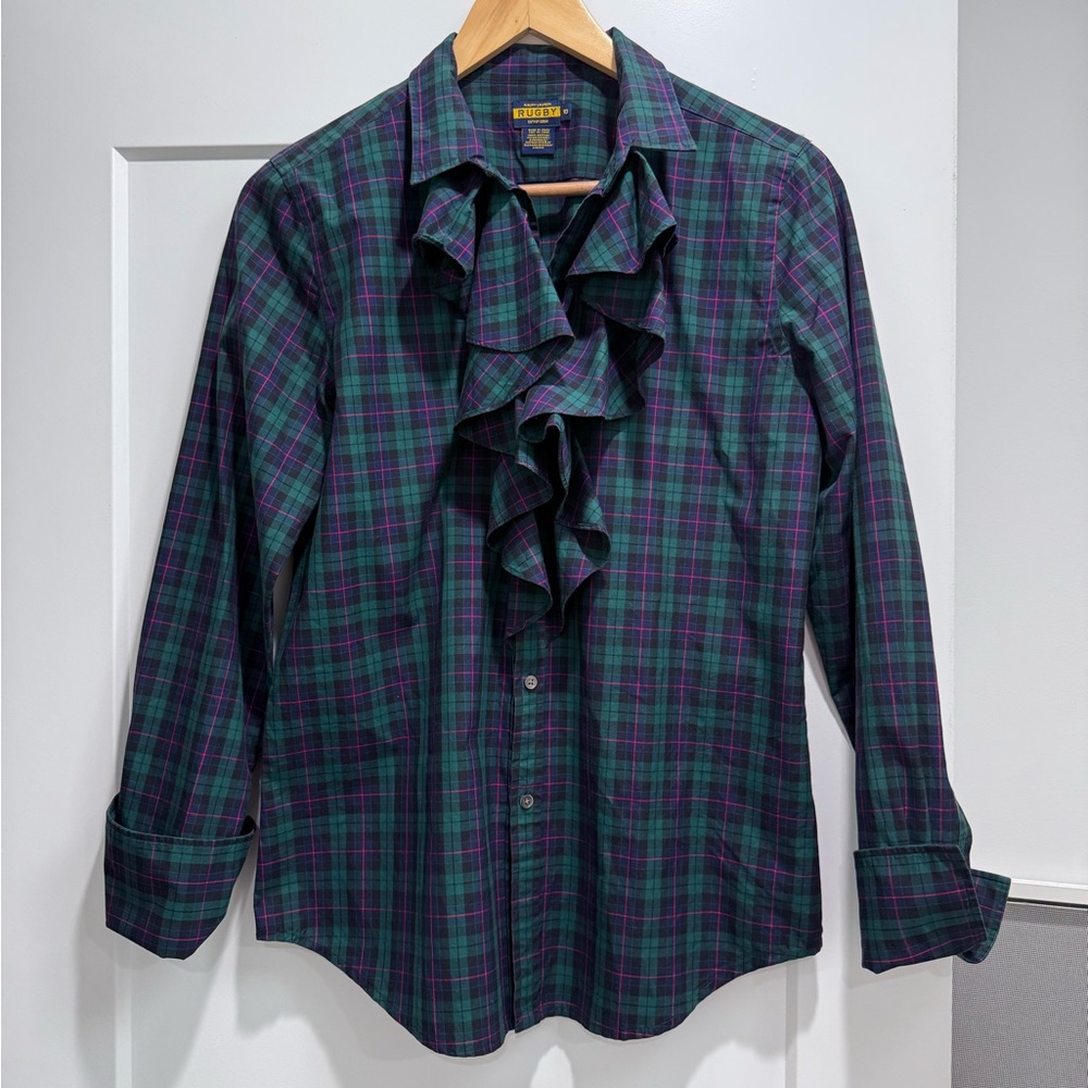 Ruffled Plaid Women’s Shirt - Green and Navy